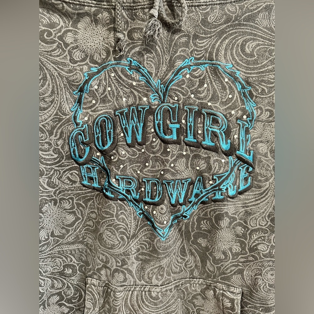 Cowgirl Hardware Black Grey Paisley Hoodie Blue Logo Rhinestones Bling Heart M - Picture 4 of 15